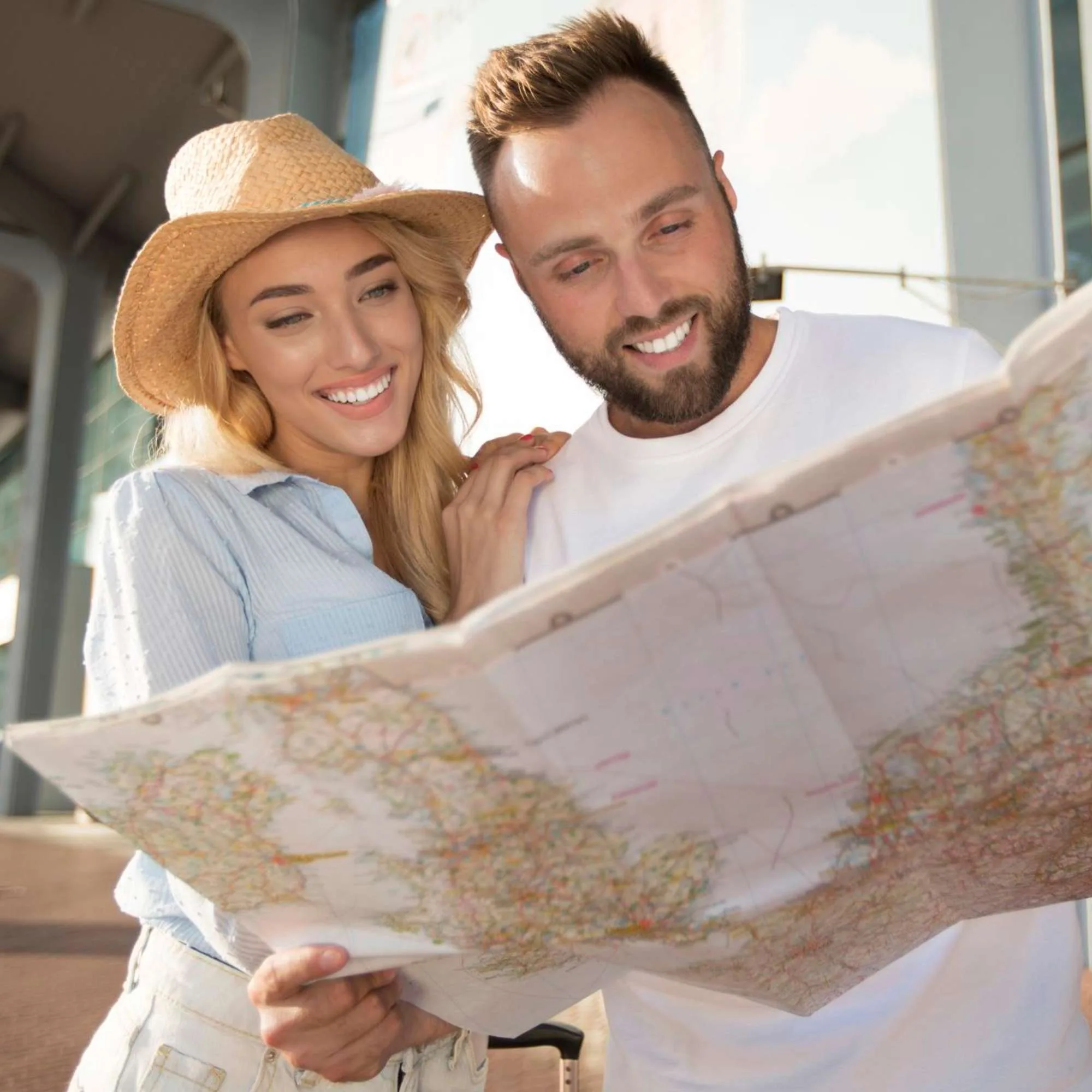 couple with map Greek island