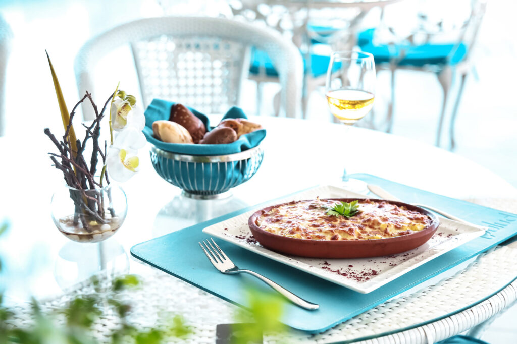 Traditional Greek food moussaka and meze platter